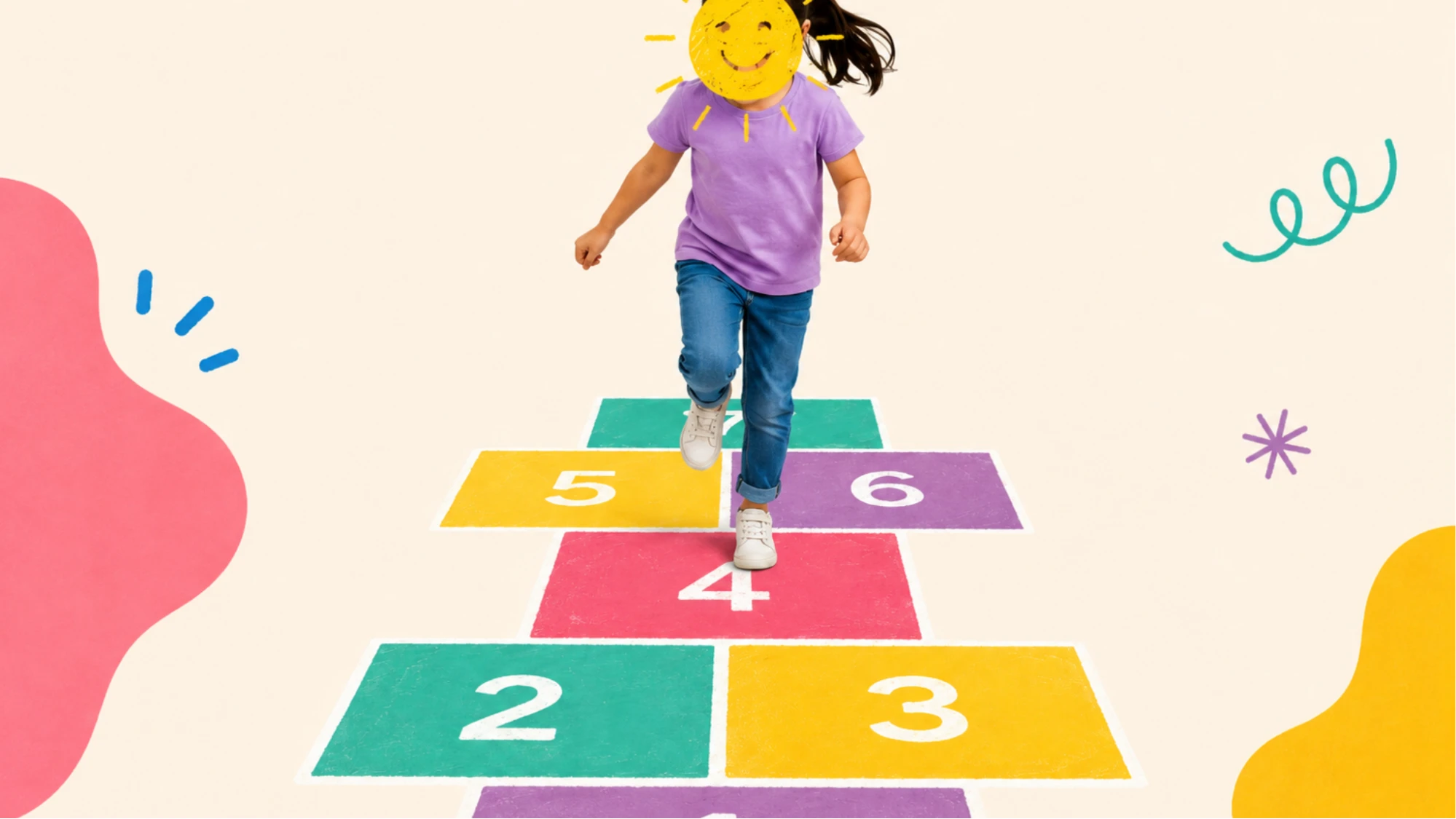 Child hopping across a colorful hopscotch grid