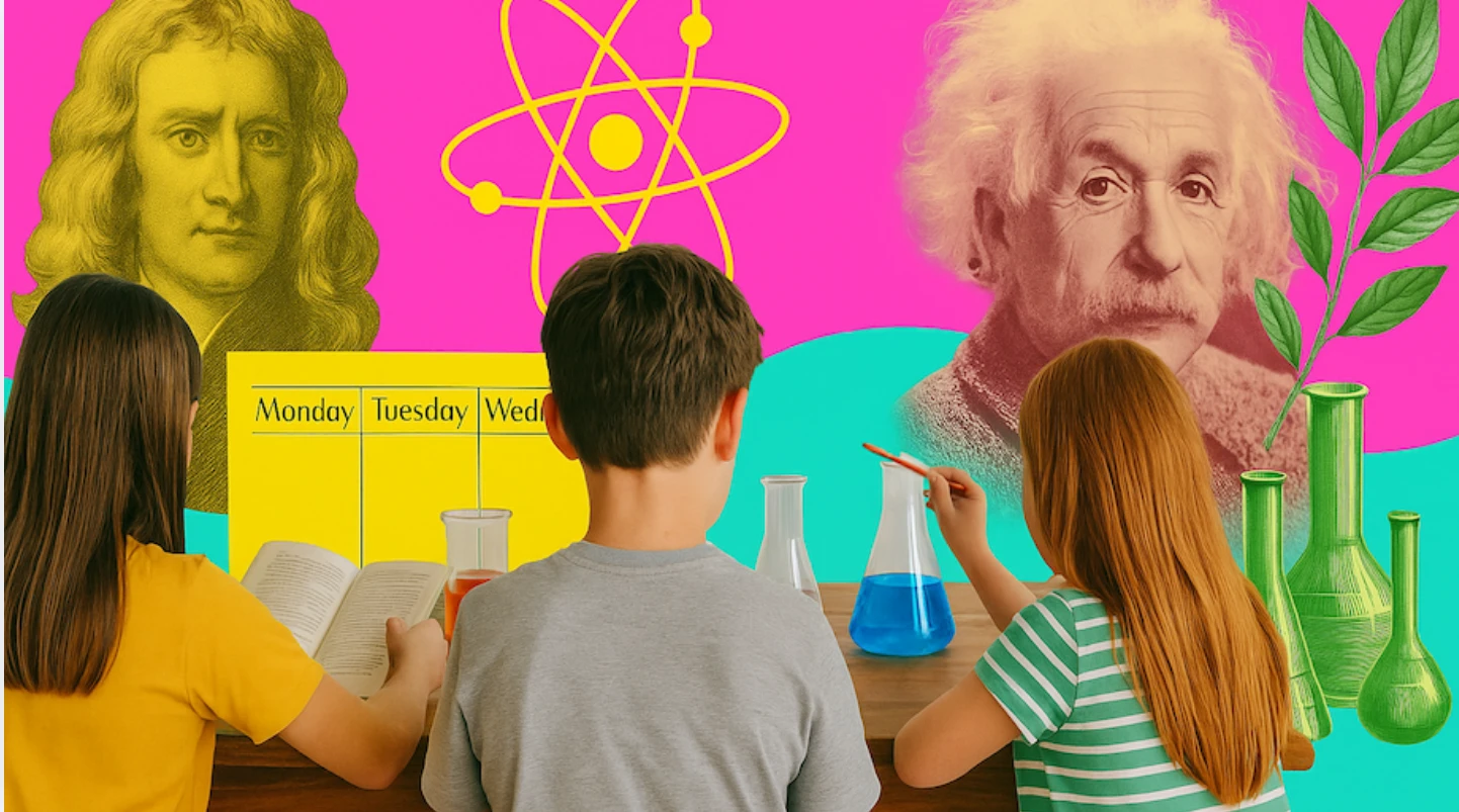 Three children doing science experiments beneath portraits of Newton and Einstein