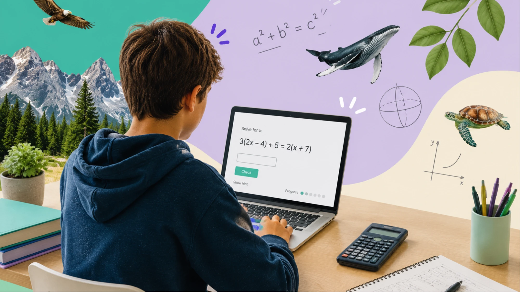 Student solving an algebra equation on a laptop surrounded by mountains, a whale, and math sketches