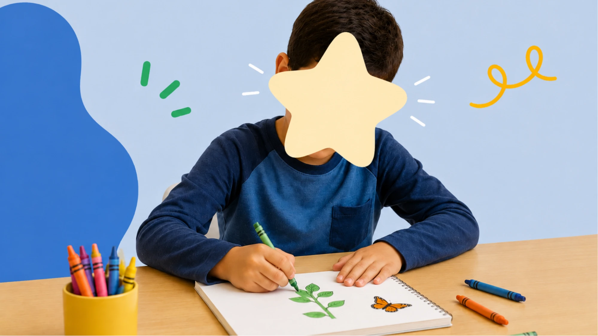 Child drawing a leaf and a butterfly with crayons