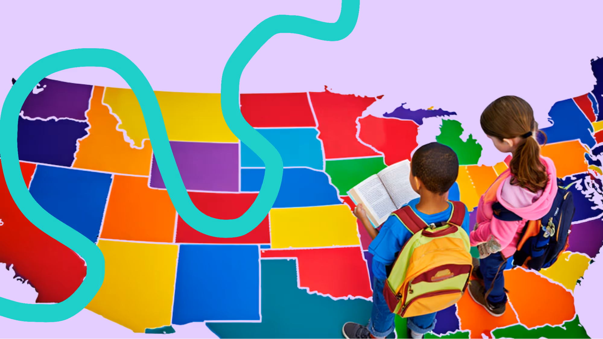 Homeschool kids on a map of the US learning about laws for homeschooling in each state
